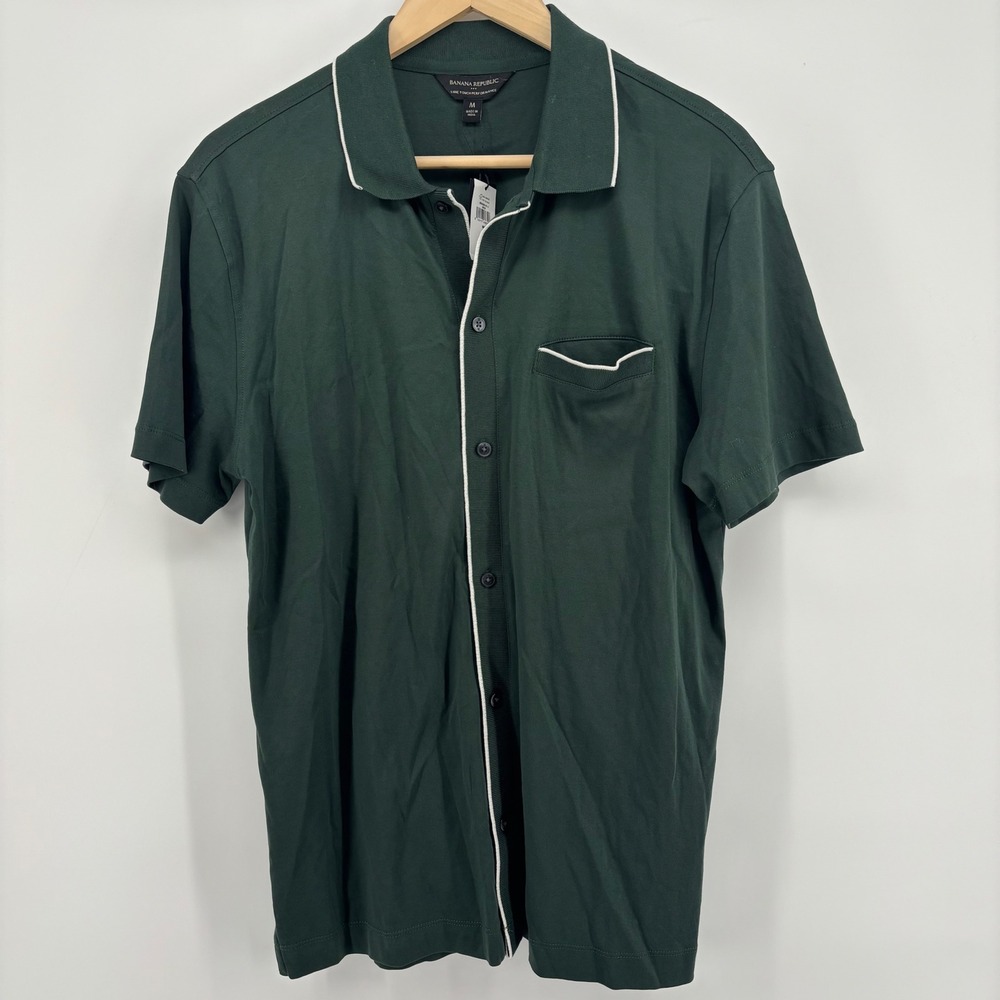 Banana Republic Button Front Polo Mens M Green NEW Luxe Touch Performance Tipped